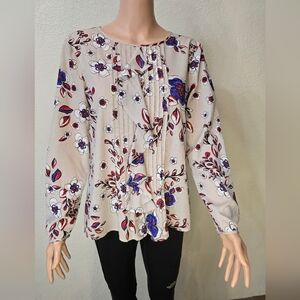 Banana Republic Women's Med Gray Red Blue Floral Long Sleeve Blouse Lightweight